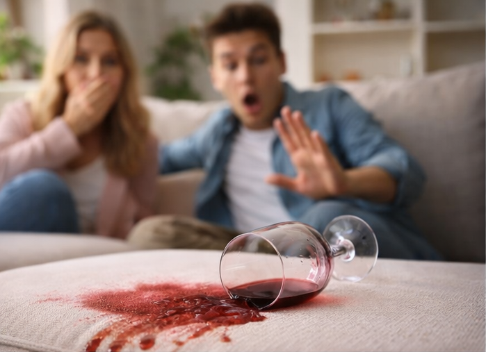 Rotwein wird auf ein Sofa verschuettet